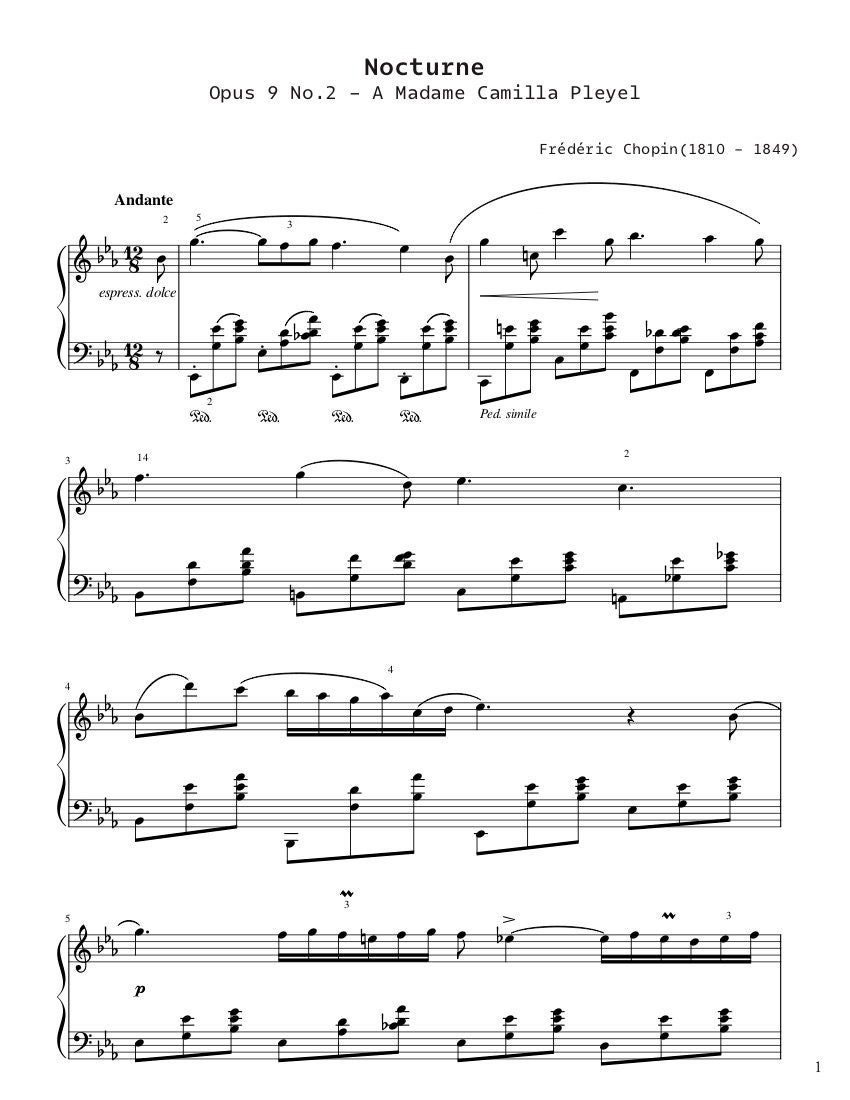 Piano Music Sheets - Nocturne in E Flat Major Opus 9 No. 2 - 'A Madame ...