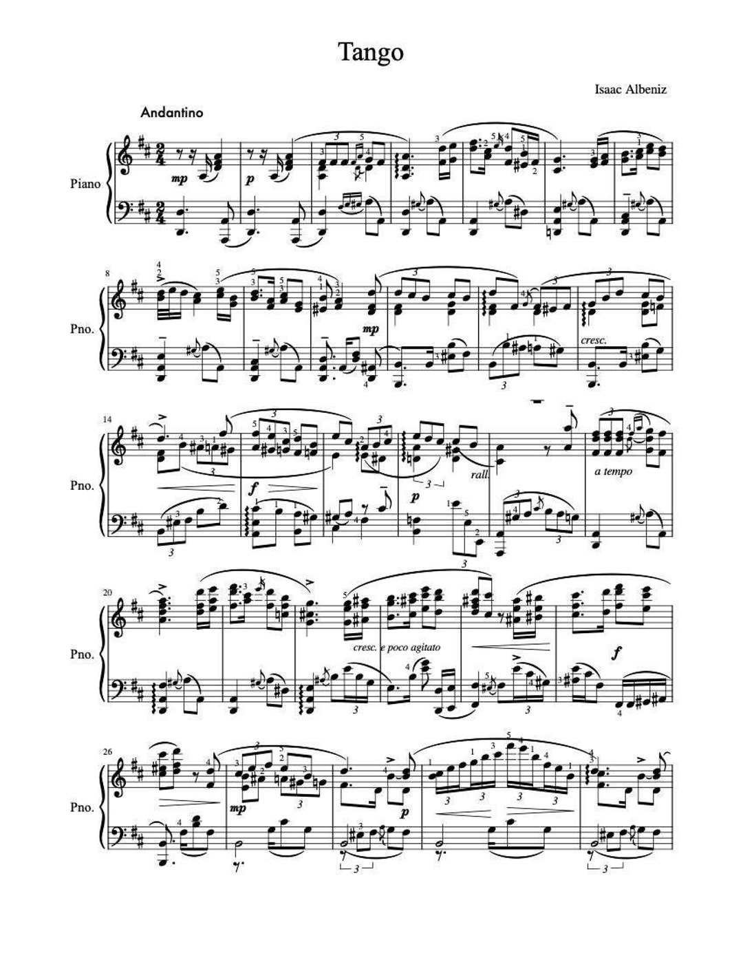 Piano Music Sheets - Tango in D Op. 165, No. 2 by Isaac Albeniz
