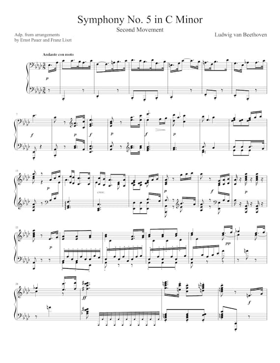 Piano Music Sheets Symphony No. 5 in C Minor 2nd Movement Solo Piano by Beethoven