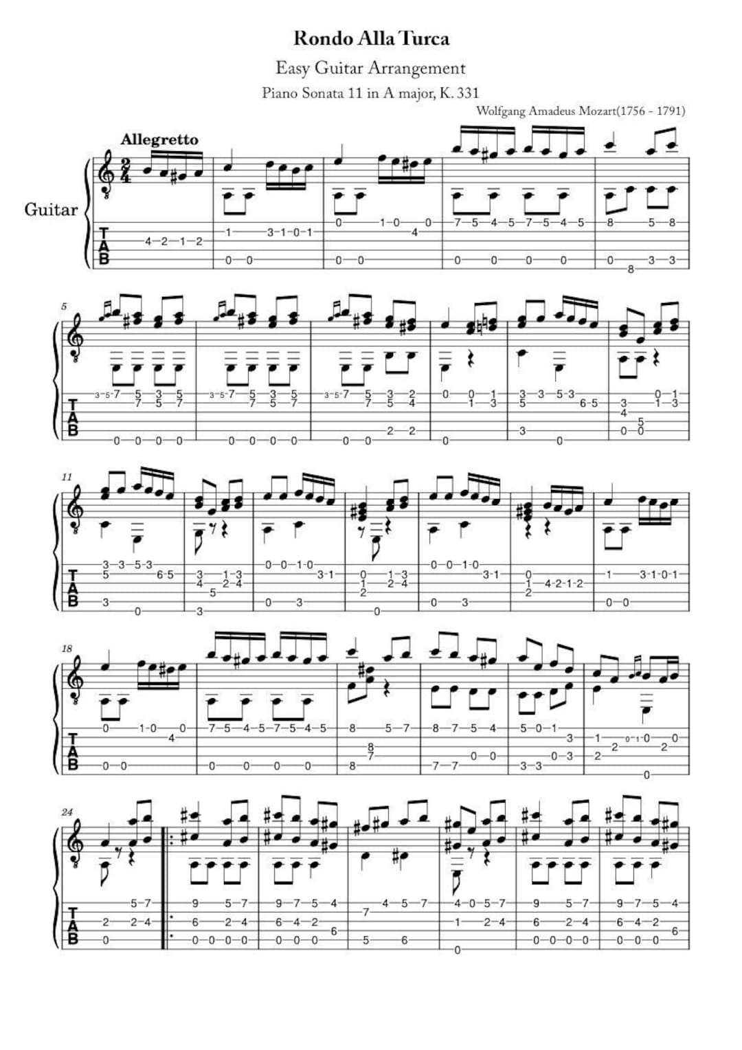Guitar Music Sheets - Rondo Alla Turca Sonata 11 K. 331 for