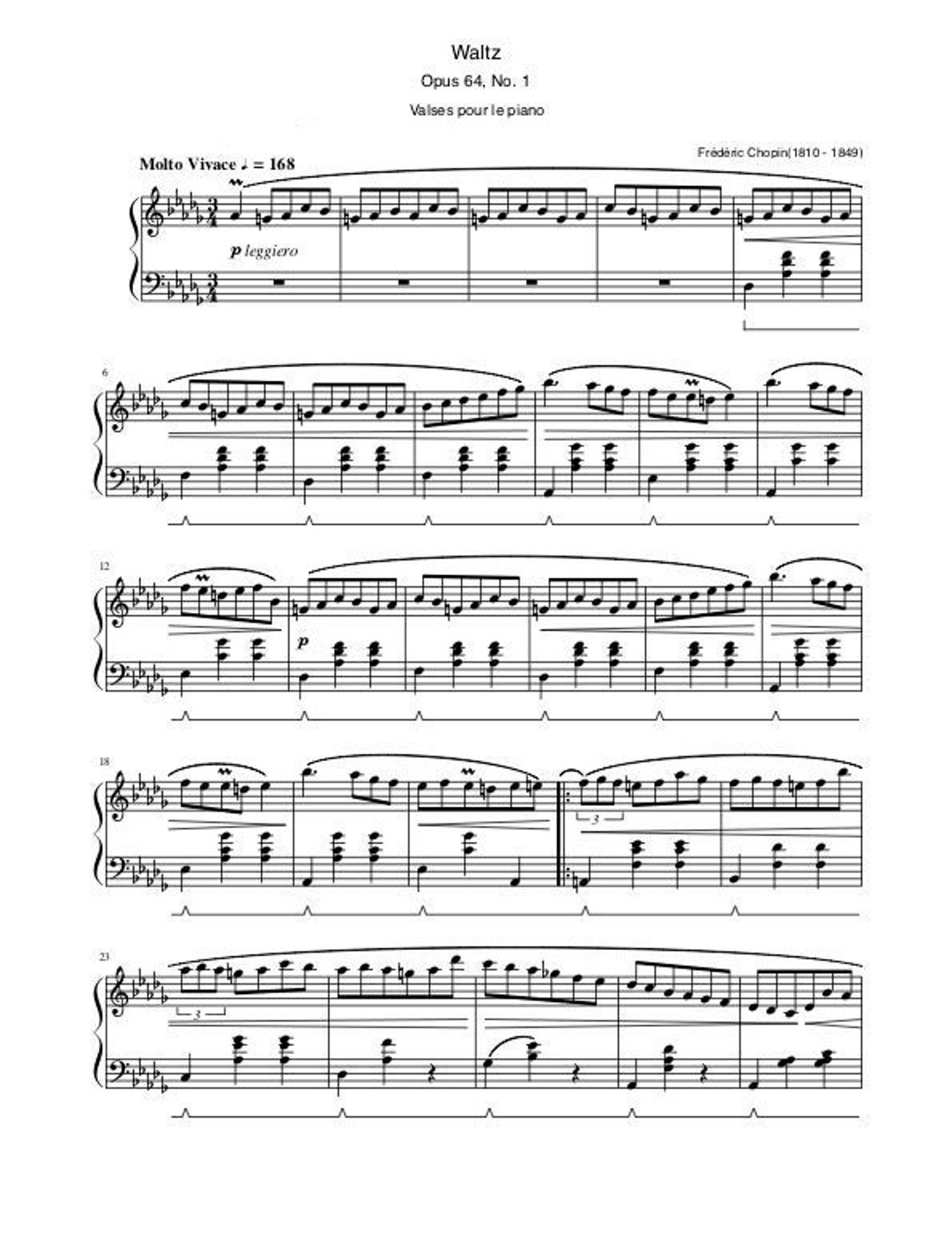 ピアノ楽譜 - ワルツ ニ長調 - 作品 64 第 1 番 - ミニット ワルツ