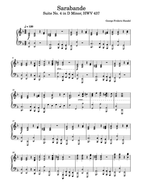 Piano Music Sheets - Sarabande - Suite No. 4 in D Minor - HWV 437