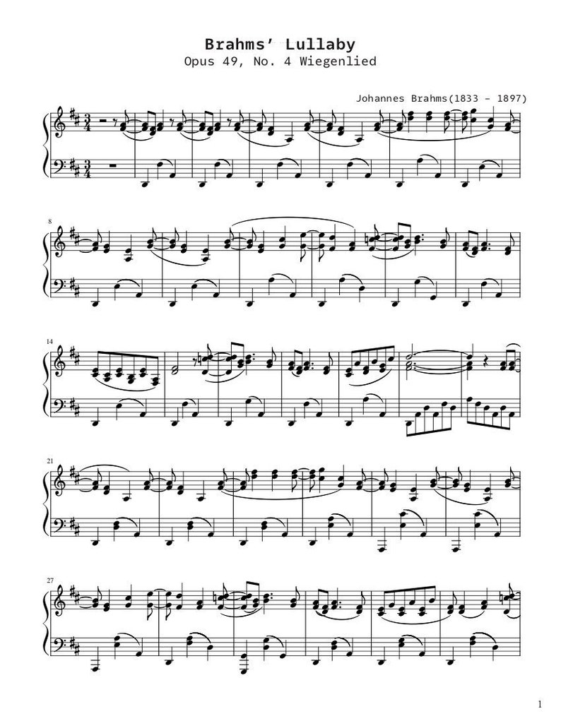 May include: Sheet music for Brahms' Lullaby, Opus 49, No. 4 Wiegenlied, composed by Johannes Brahms (1833 - 1897).