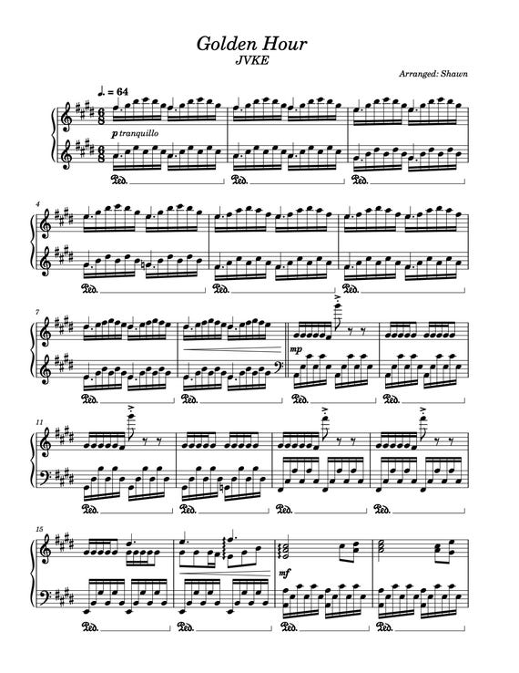 Piano Music Sheets - Golden Hour - JVKE - Arranged by Shawn