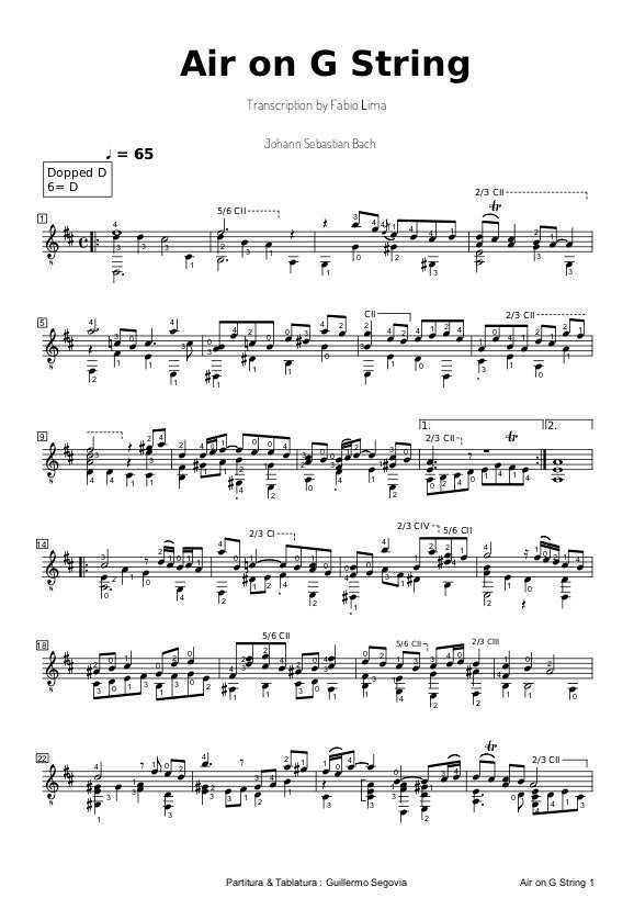 Guitar Music Sheets Air on G String BWV 1068 by Johann Sebastian Bach