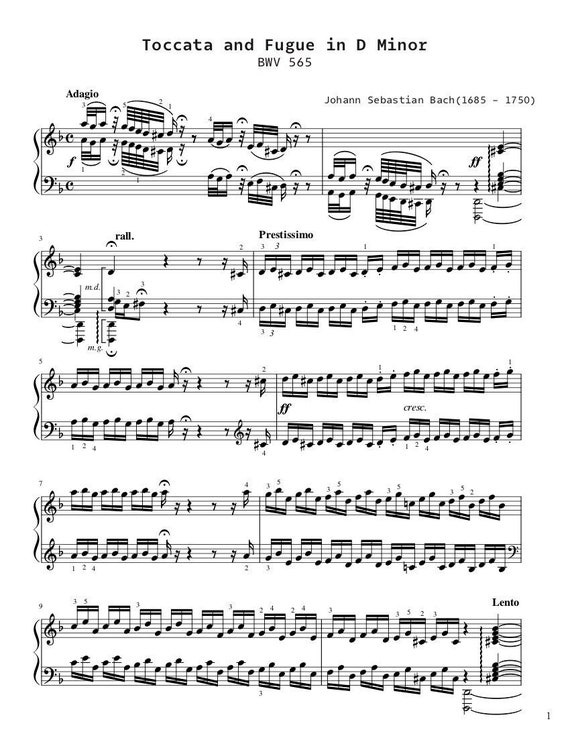 Piano Music Sheets - Toccata and Fugue in D Minor BWV 565 - Johann