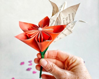 Burnt Orange Origami Wedding Buttonhole: Book Paper Flower