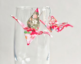 Washi Paper Origami Crane Earrings | Sterling Silver, Anniversary Gift