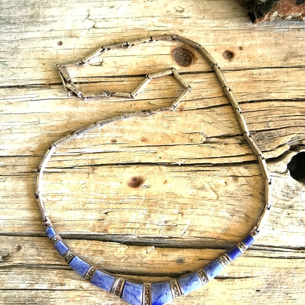 Sterling Silver / Choker Necklace / V Necklace / Collar / Blue Lapis / Marcasite Stones / Aged Patina / September Birthstone