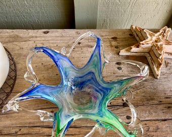 Cristal de Murano / Cristal transparente / Colores del arco iris / Cuenco decorativo / Vidrio artístico / Trabajo calado / Hecho en Italia / Estrella de 6 puntas