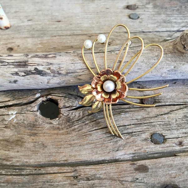 Harry Iskin Floral Brooch / Faux Pearls / Sterling Silver / Large / Art Deco / 12k Gold Filled / Rose Gold / Yellow Gold / Flower / Vintage