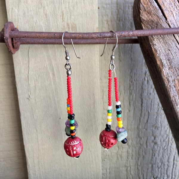 Beaded Earrings / Silver Tone / Jade Stone / Amethyst Stone / Red Ball Bead /Two Strands / 3 Inch / Multi Color /