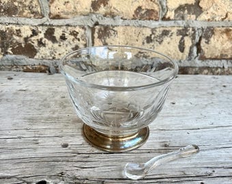 Sterling Silver / Glass Bowl / Etched Flowers / Divided Bowl / 2 Parts / Small Glass Spoon / Condiment Bowl / Round Bowl / 5 Inch Diameter /