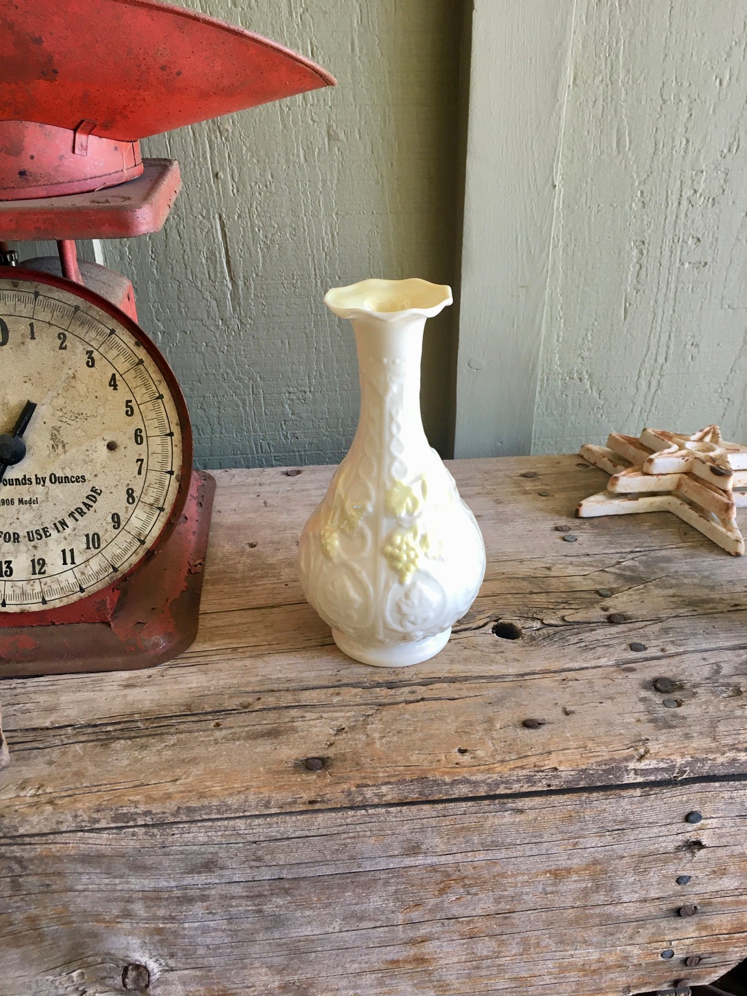 Belleek Pottery Vase / Grape Vine / Yellow Accents / 7 Inch / Etsy