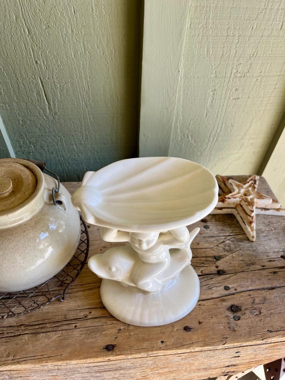 White Ceramic / Cherub Riding Dolphin / Shell Soap Dish / Pedestal