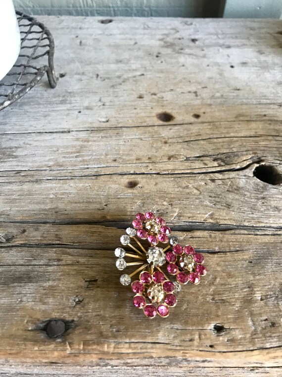 Gold Tone / Rhinestone Brooch / Floral / Pink Rhi… - image 3