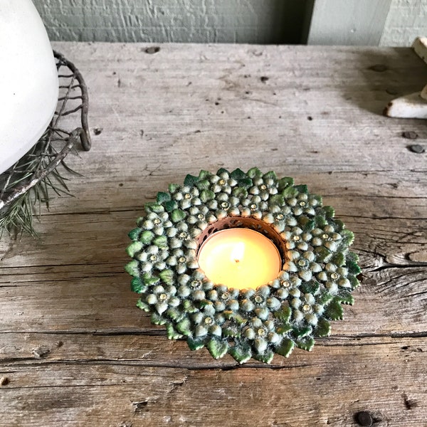 Two’s Company / Tea Light Holder / Austrian Crystals / Clear Crystals / Blue Flowers / Green Leaves / Open Work Cradle /