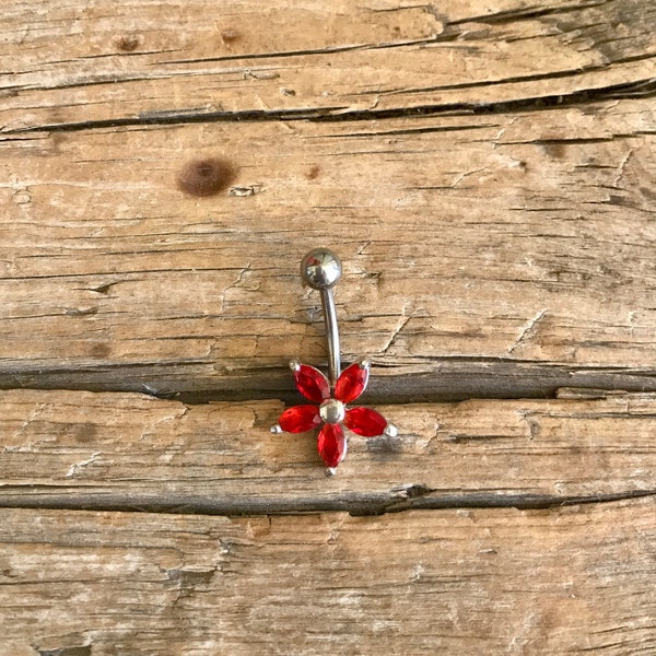 Silver Tone / Belly Ring / Red Flower / Red Rhinestones / 1.6mm /