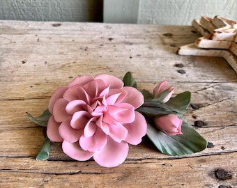 Porcelana Capodimonte / Duquesa de Brabante / Rosa rosa / Capullos de rosa rosa / Franklin Mint / Hojas verdes / Hecho en Italia