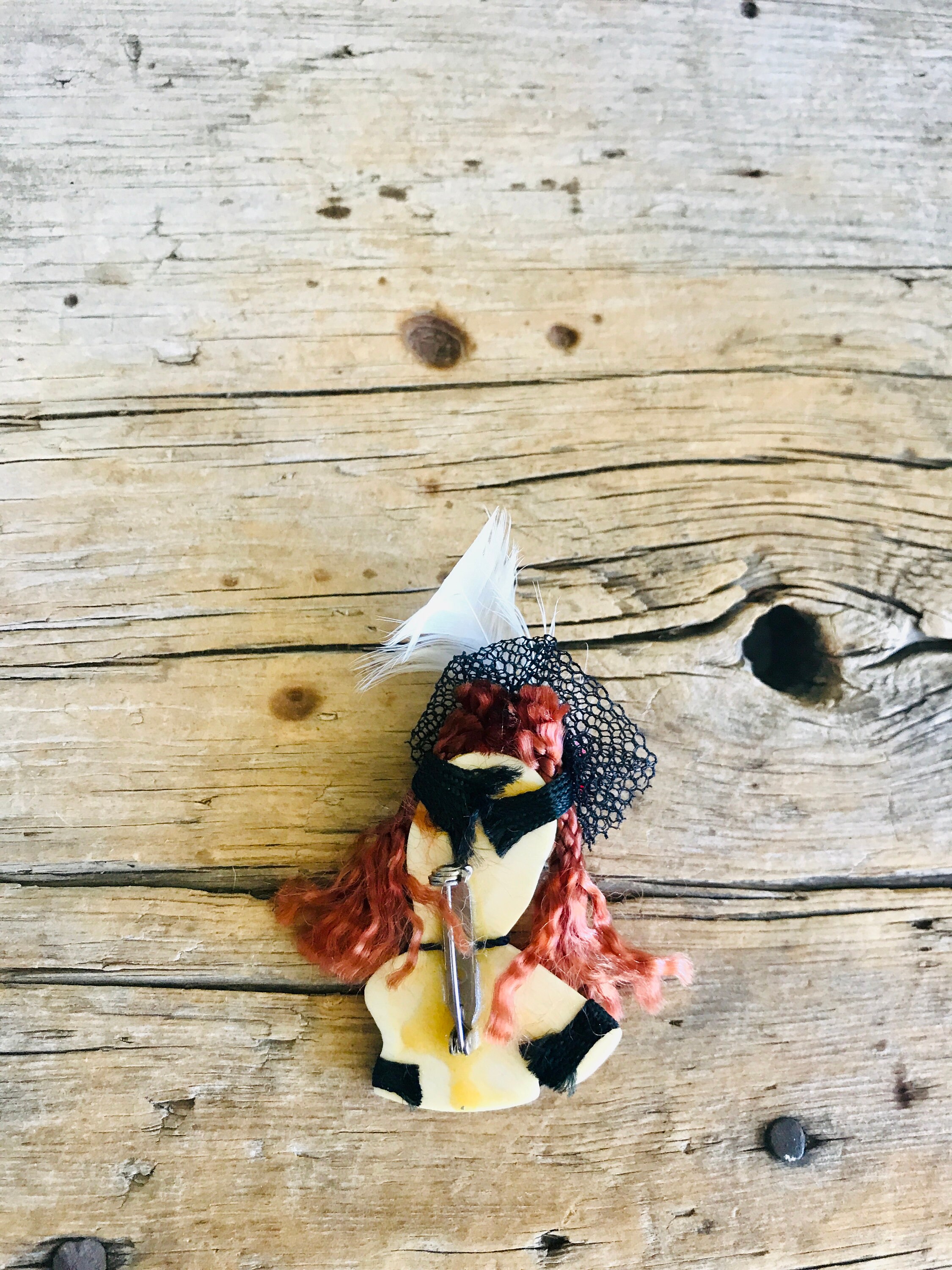 Lady Face Brooch / Caucasian Womam / Red Curly Hair / Black Net Hat ...