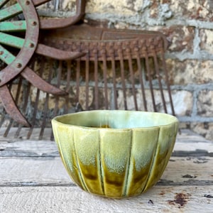 May include: A small, green ceramic bowl with vertical ridges and a glossy finish. The bowl has a light green interior and a darker, olive-green exterior. The background features rustic gardening tools and a weathered brick wall.