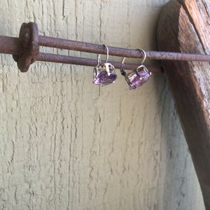 May include: A pair of silver earrings with purple gemstone accents. The earrings are hanging from a rusty metal bar.