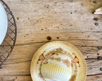 Può includere: Una tazza da tè e un piattino vintage con un delicato motivo floreale in tonalità rosa, marrone e oro su uno sfondo giallo pallido. La tazza e il piattino sono in porcellana e hanno un bordo leggermente rialzato.