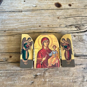 Religious Triptych / Folding Triptych / Virgin Mary / Folding Alter / Madonna with Jesus / Winged Angels /  Floral / Wood / Hinged /