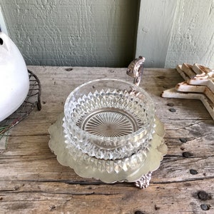 Sheffield Silver Co / Silver Plate / Footed / Bon Bon Dish / Clear Glass  Bowl / Textured / 2 Piece / Floral / With handle / Charcuterie