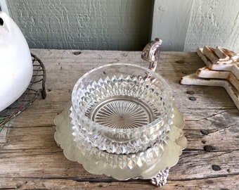 Sheffield Silver Co / Silver Plate / Footed / Bon Bon Dish / Clear Glass  Bowl / Textured / 2 Piece / Floral / With handle / Charcuterie