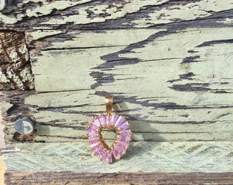 Sterling Silver Open Heart Pendant / Pink Crystal / Marquise / Large Bale / Vermeil / Gold Wash / Prong Set / Open Back / Vintage