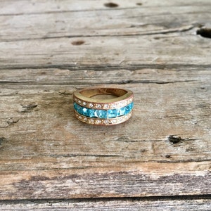 Cocktail Ring / Gold Tone / Cubic Zirconia / CZ Stones / Costume Jewelry / Blue Stones / Faux Aquamarine /  Size 7.5 /