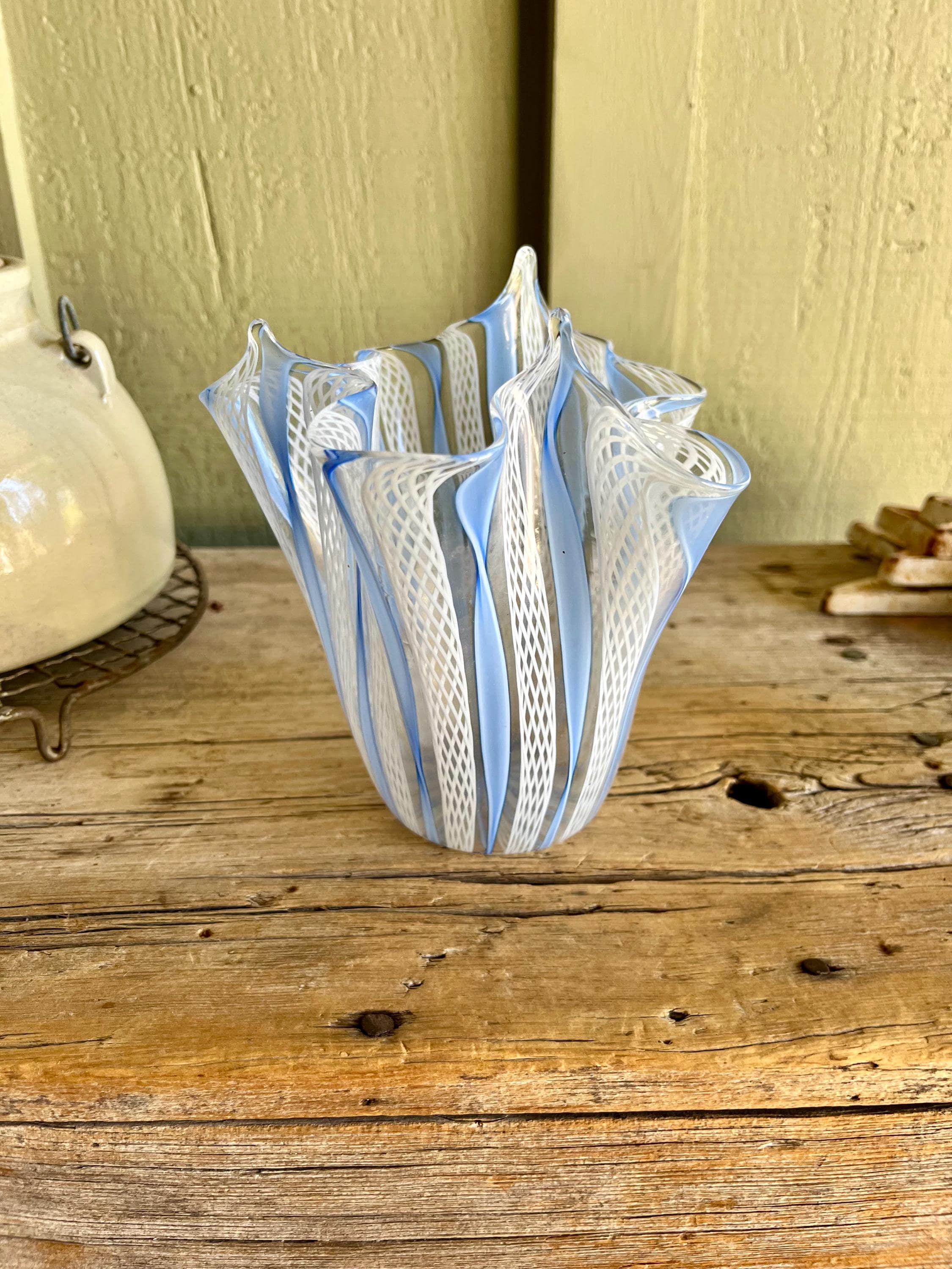 Murano Glass / White Azure / Latticino / Art Glass / Handkerchief