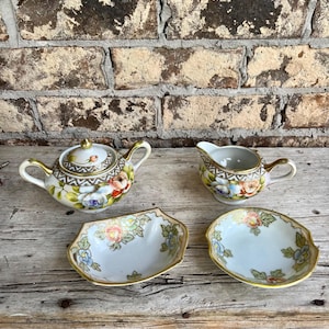 Nagoya Nippon / Antique Porcelain / Cramer and Sugar / 2 Bowls / Floral / Textured Gold Gilt / Blue Roses / Orange Roses / Green Leaves