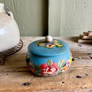 Wooden Bowl / Decorative Bowl / Hand Painted / Floral / Lidded / Blue / Multiple Flowers / Multi Color / Pansy Flowers /