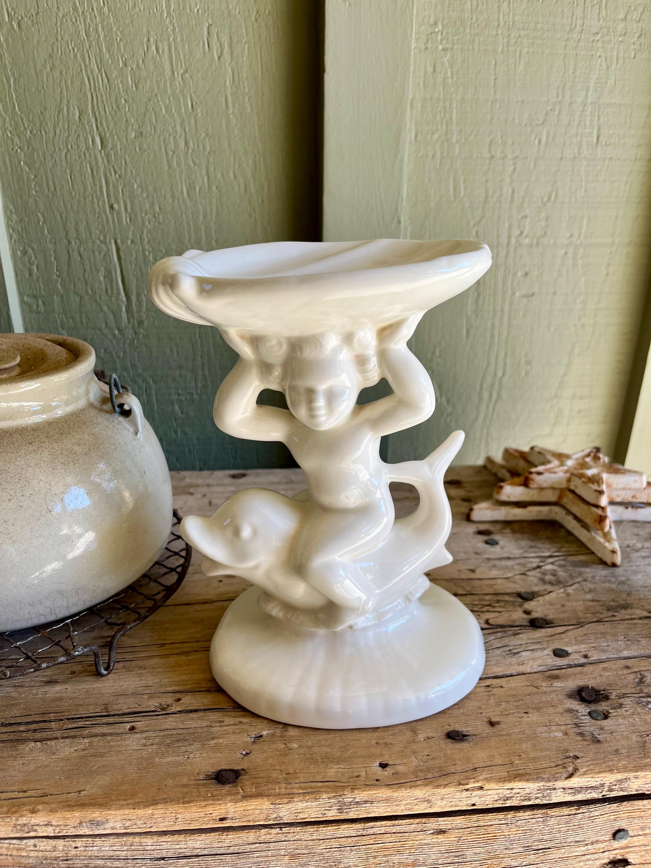 White Ceramic / Cherub Riding Dolphin / Shell Soap Dish / Pedestal