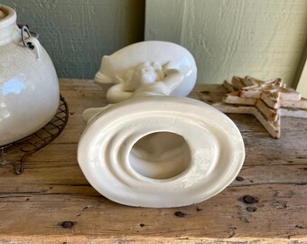 White Ceramic / Cherub Riding Dolphin / Shell Soap Dish / Pedestal