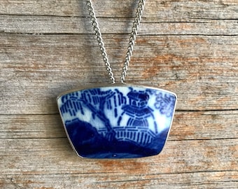 Sterling Silver / Porcelain Brooch / Porcelain Pendant / Broken China / Blue and White / Large / Asian / 25 Inch Chain / 2.25 Inches