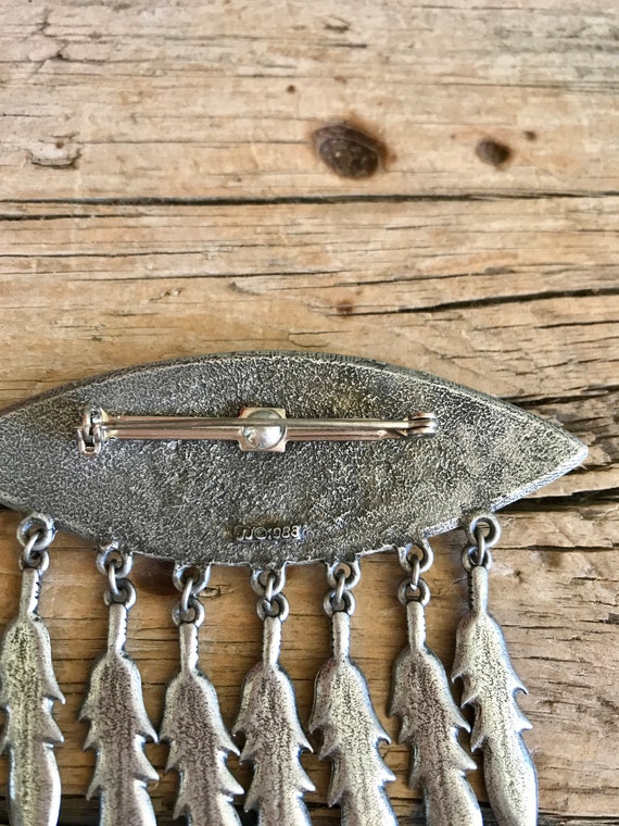 Silver Tone / JJ Jonette Brooch / Big Brooch / Black Stones / Etch Work /  Dangling Feathers / 3 Inch Wide / 2.50 Inches Long / 7 Feathers - Etsy