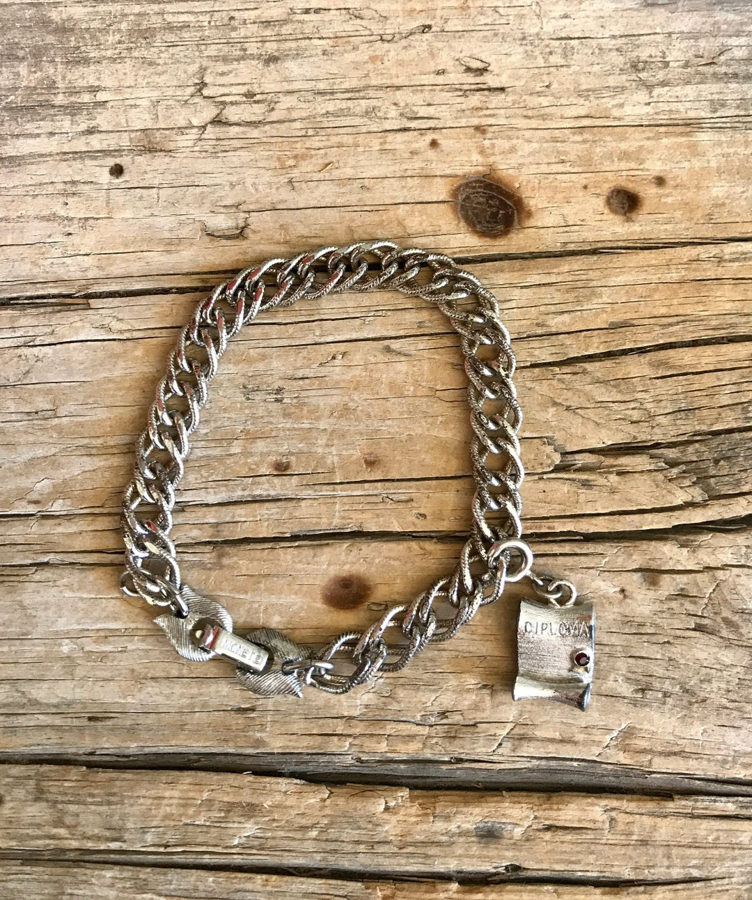 Monet / Silver Tone / Charm Bracelet / Textured Links / Double