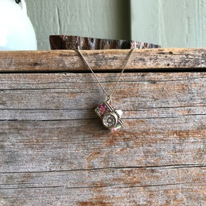 Silver Tone / Camera Pendant / Choker Necklace / Enamel / Floral / Rhinestone Lens / Multi Color Flowers / Green Leaves / Red Button