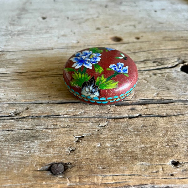 Cloisonné Trinket Box / Circular / Lidded / Floral / Purple Flowers / Butterfly / Turquoise Accents / Gold Detail / Blue Interior /