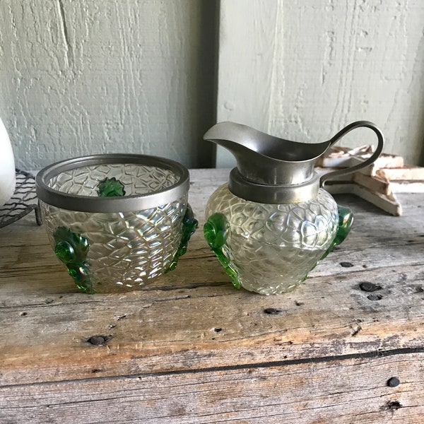 Austrian Glass / Creamer & Sugar / Kralik Glass / Martelé / Bohemia Glass / Antique / Kitchen Decor / Green Iridescent / Art Nouveau / As Is