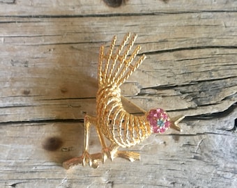 BSK Brooch / Benny Steinberg / Slovitt and Kaslo / Rhinestone Brooch / Gold Tone / Large Bird / Open Work / Pink Stones / Blue Stone /