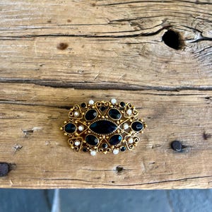Florenza Jewelry  / Gold Tone Brooch / Black Rhinestones / Faux Seed Pearls / Open Work / Oval Brooch / Bezel Set / Costume Jewelry