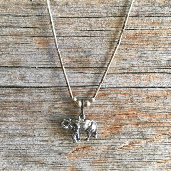 Sterling Silver Necklace / Liquid Silver Chain / Elephant Pendant / Silver Balls / Animals of the World / Trunk Up / Patina