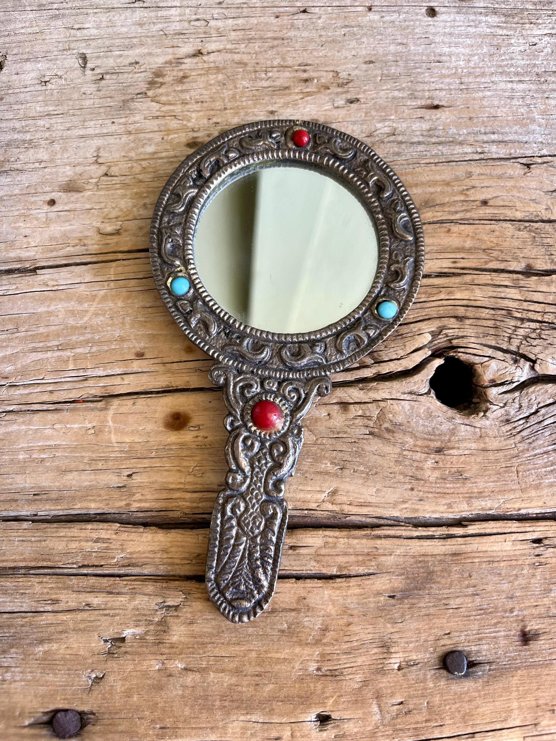 Silver Tone / Hand Held Mirror / Jeweled Accents / Red Beads