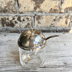 Silver Plate / Condiment Jar / Fruit Top / Spoon with Round Bowl / Etched Floral / Aged Patina / 3 Piece