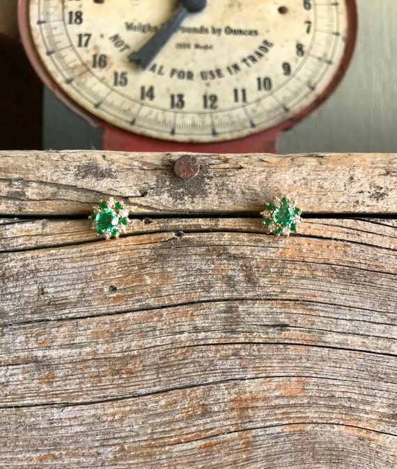 14K Gold / Emerald Green / Stud Earrings / Sterling S… Gem