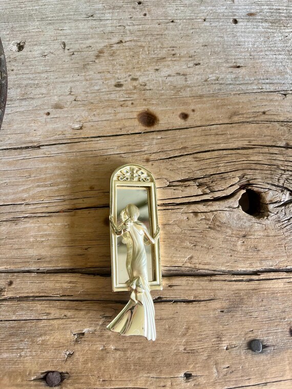 AJC Brooch / American Jewelry Chain / Woman Looking in Mirror / Gold Tone / Long Gown / Real Mirror / Large Brooch /